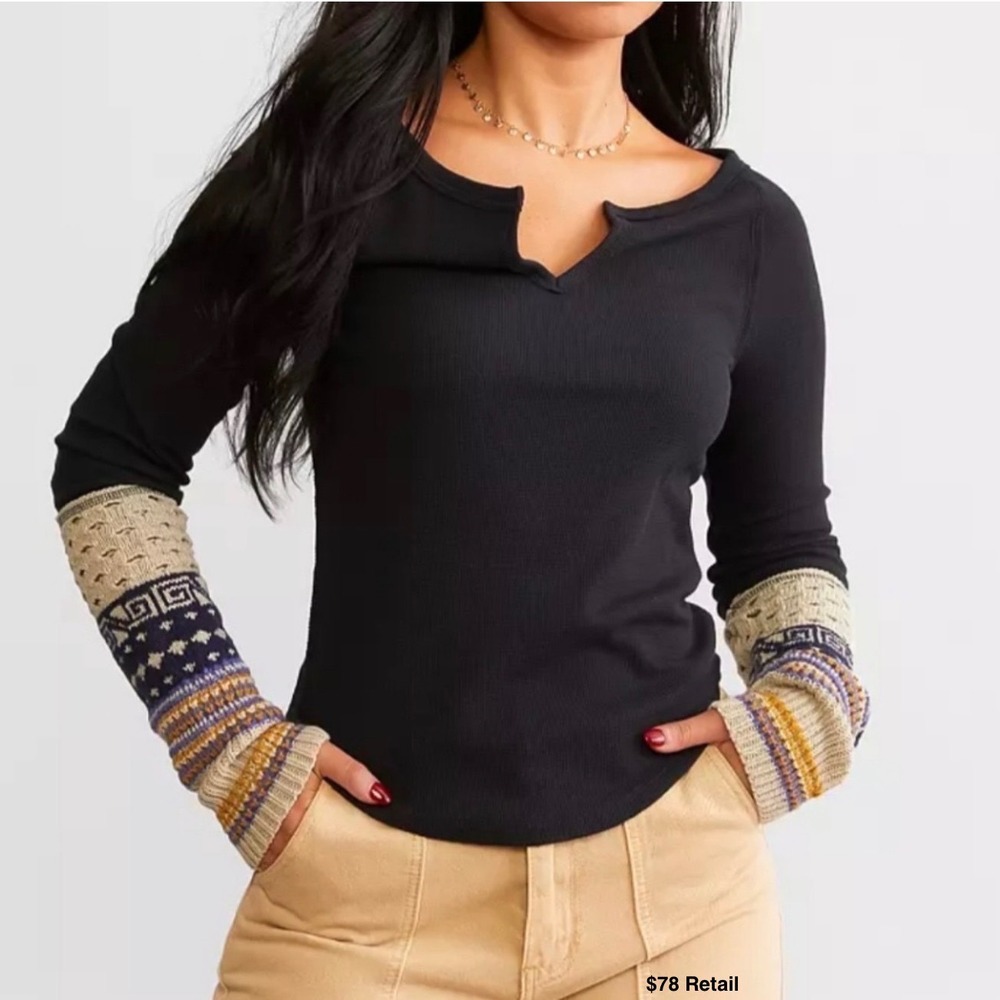 WE THE FREE Cozy Craft Cuff Thermal Top Size L Black Boatneck Waffle Knit Grunge